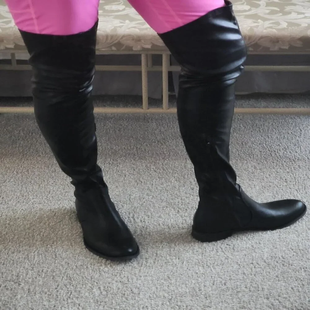 🆕Women Pu Black Over The Knee Boots Thigh High Low Block Heel Pointed Toe Boot
